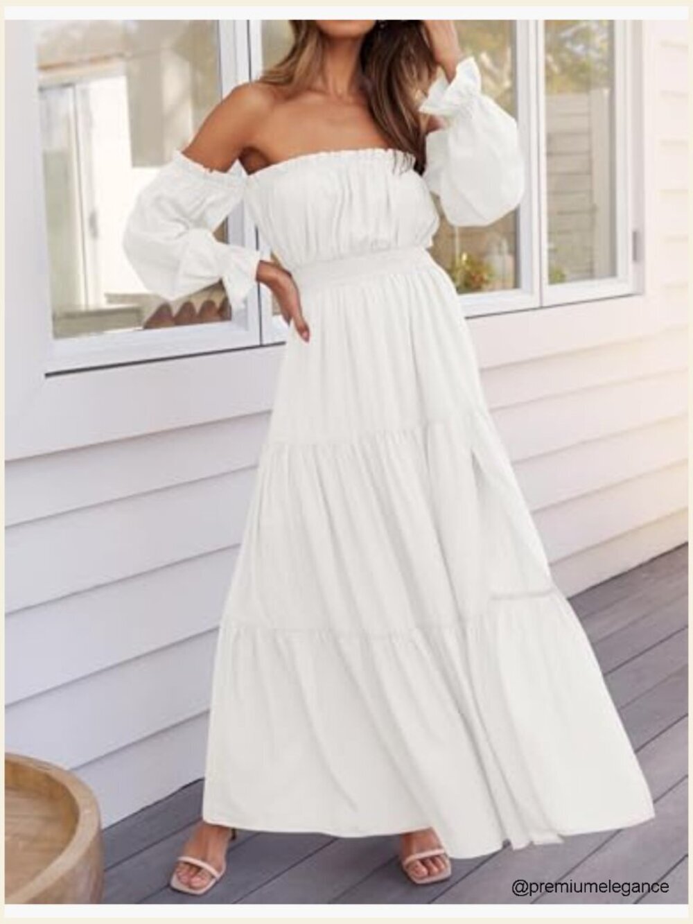 Off Shoulder Flowy Maxi Dress Side Slit Elastic Waist Long Sleeve - Picture 3 of 7